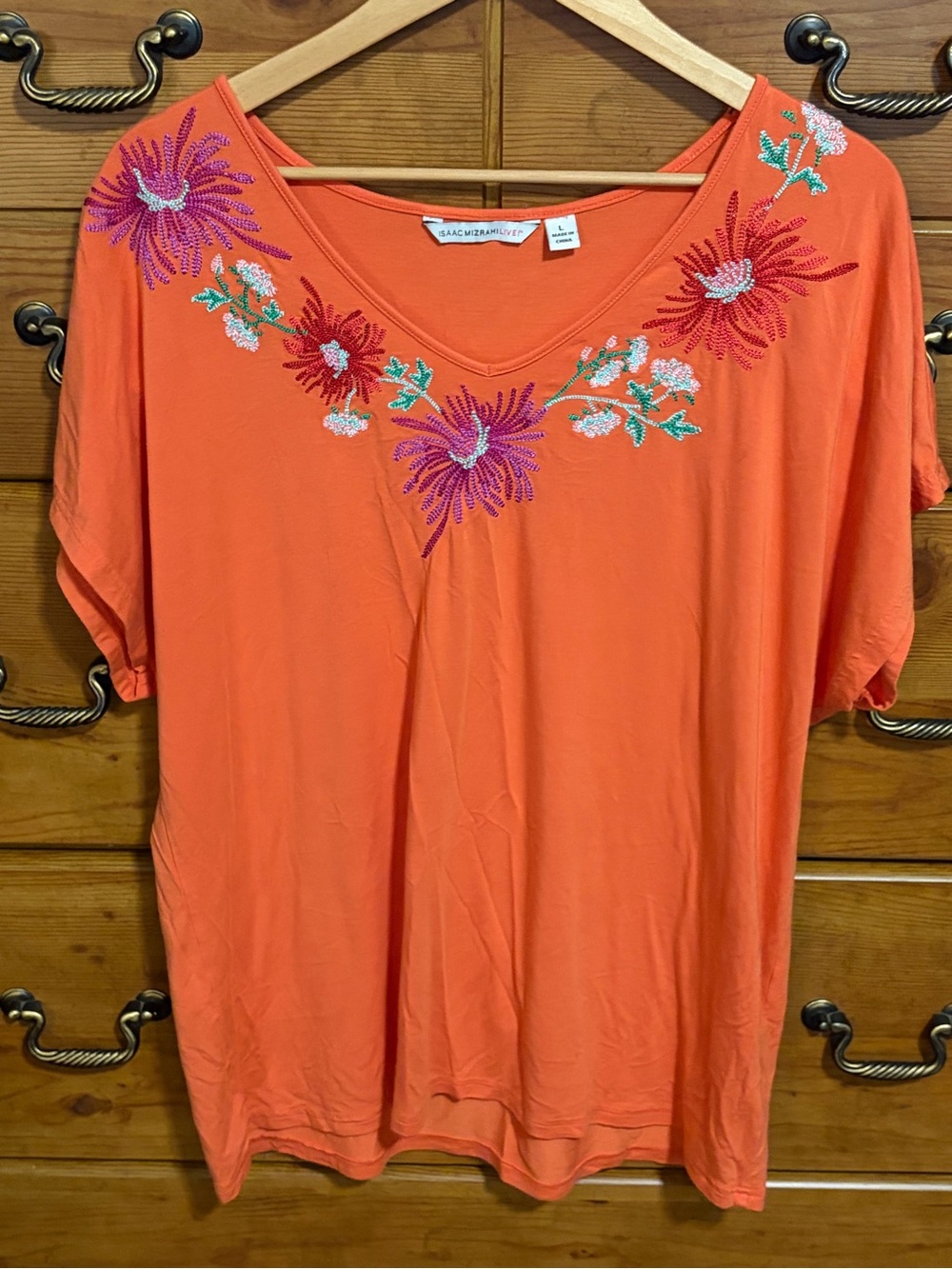 Orange Embroidered V-Neck Women’s Top